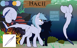 Size: 5248x3288 | Tagged: safe, artist:beardie, oc, oc only, oc:hatii, species:pony, coral, disembodied plot, female, fins, height scale, mare, ocean, original species, reference sheet, seaweed, shark pony, solo, text, walking