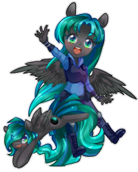 Size: 755x943 | Tagged: safe, artist:loyaldis, oc, oc only, oc:crystal song, species:anthro, species:pegasus, species:pony, anthro with ponies, black coat, chibi, clothing, cute, female, looking at you, pagedoll, police officer, police uniform, ponified, simple background, smiling, teal eyes, teal hair, transparent background, waving
