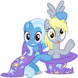 Size: 3200x3200 | Tagged: safe, artist:cheezedoodle96, character:derpy hooves, character:trixie, species:pegasus, species:pony, species:unicorn, episode:a matter of principals, g4, my little pony: friendship is magic, .svg available, cape, clothing, cute, derpabetes, diatrixes, duo, female, hat, looking at you, magic trick, mare, out of trixie's hat, raspberry, scene interpretation, silly, silly pony, simple background, smiling, svg, tongue out, transparent background, trixie's cape, trixie's hat, vector, waving
