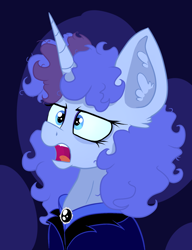 Size: 1412x1838 | Tagged: safe, artist:paskanaakka, derpibooru original, oc, oc only, oc:midnight dew, species:pony, species:unicorn, abstract background, alternate timeline, angry, bags under eyes, clothing, ear fluff, female, mare, messy mane, nightmare takeover timeline, solo, uniform