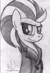 Size: 2238x3216 | Tagged: safe, artist:drawponies, character:lightning dust, species:pegasus, species:pony, clothing, female, grayscale, jacket, mare, monochrome, signature, solo, traditional art