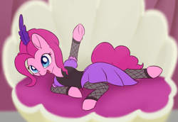 Size: 1869x1287 | Tagged: safe, artist:dusthiel, character:pinkie pie, species:pony, newbie artist training grounds, episode:over a barrel, g4, my little pony: friendship is magic, atg 2018, burlesque, cheek fluff, clam, clothing, cute, diapinkes, dress, ear fluff, female, fishnets, leg fluff, lying down, saloon pinkie, scene interpretation, smiling, solo