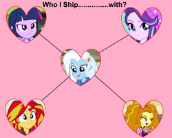 Size: 1994x1606 | Tagged: safe, artist:themexicanpunisher, character:adagio dazzle, character:starlight glimmer, character:sunset shimmer, character:trixie, character:twilight sparkle, ship:startrix, ship:suntrix, ship:triagio, ship:twixie, equestria girls:equestria girls, equestria girls:mirror magic, equestria girls:rainbow rocks, g4, my little pony: equestria girls, my little pony:equestria girls, spoiler:eqg specials, female, lesbian, meme, shipping, trixie gets all the mares