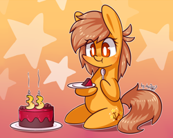 Size: 1920x1536 | Tagged: safe, artist:dsp2003, oc, oc:meadow stargazer, species:earth pony, species:pony, bipedal, birthday cake, birthday candles, blushing, cake, chibi, eating, female, food, mare, plate, signature, spoon, stars, style emulation
