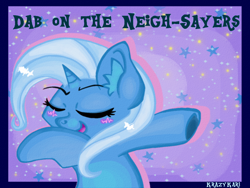 Size: 1280x960 | Tagged: safe, artist:krazykari, character:trixie, species:pony, species:unicorn, abstract background, bipedal, blushing, cute, dab, diatrixes, ear fluff, female, mare, neigh, pun, solo, sparkles, stars, underhoof