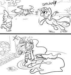 Size: 1297x1366 | Tagged: safe, artist:php27, character:princess celestia, character:spike, character:twilight sparkle, species:alicorn, species:dragon, species:pony, species:unicorn, clothing, dragonfire, female, fireplace, male, mare, monochrome, mug, scarf, snow, snowball