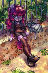 Size: 1258x1920 | Tagged: safe, artist:holivi, oc, oc only, oc:share dast, species:anthro, species:plantigrade anthro, backpack, boots, clothing, crossed legs, fence, gift art, leg focus, legs, looking at you, shoes, shorts, sitting, socks, solo, thigh highs