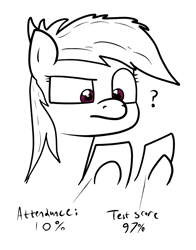 Size: 1183x1507 | Tagged: safe, artist:moonatik, character:rainbow dash, species:pony, newbie artist training grounds, atg 2018, confused, female, mare, paper, question mark, solo, test, test paper