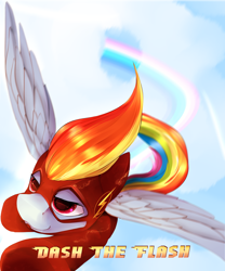 Size: 2500x3000 | Tagged: safe, artist:chapaevv, character:rainbow dash, clothing, cloud, costume, crossover, female, flying, rainbow, solo, superhero, superhero costume, text, the flash