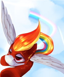 Size: 2500x3000 | Tagged: safe, artist:chapaevv, character:rainbow dash, clothing, cloud, costume, crossover, female, flying, rainbow, solo, superhero, superhero costume, the flash