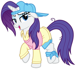 Size: 3500x3200 | Tagged: safe, alternate version, artist:cheezedoodle96, character:rarity, species:pony, episode:friendship university, g4, my little pony: friendship is magic, .svg available, alternate hairstyle, anklet, backwards ballcap, baseball cap, cap, clothing, female, hat, lidded eyes, looking at you, mare, open mouth, plainity, raised hoof, shirt, shorts, simple background, solo, svg, transparent background, vector