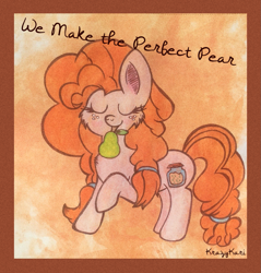 Size: 1223x1280 | Tagged: safe, artist:krazykari, character:pear butter, species:pony, female, food, mouth hold, pear, solo
