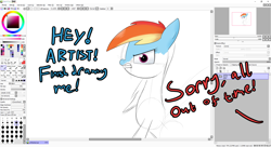 Size: 1916x1040 | Tagged: safe, artist:moonatik, character:rainbow dash, newbie artist training grounds, atg 2018, dialogue, drawn into existence, female, fourth wall, fourth wall destruction, meme in description, meta, paint tool sai, painttoolsai, sketch, solo, wip