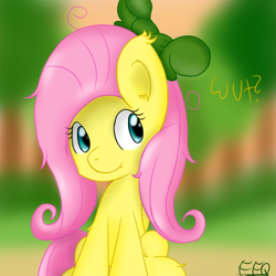 Size: 1000x1000 | Tagged: safe, artist:freefraq, character:fluttershy, species:pegasus, species:pony, cute, ear fluff, female, mare, ribbon, signature, sitting, solo