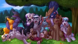 Size: 1280x720 | Tagged: safe, artist:sugaryviolet, oc, oc only, oc:emi goat, oc:flat spin, oc:golden aegis, oc:pepper slice, oc:starburn, oc:sugary violet, oc:vee ness, oc:violet seren, species:bat pony, species:crystal pony, species:goat, species:griffon, species:pegasus, species:pony, species:unicorn, bat pony oc, clothing, collar, commission, grin, hat, horn, hug, jewelry, mask, micro, necklace, paws, pegasus oc, smiling, tree, underpaw, unicorn oc, upside down, winghug, wings, witch hat