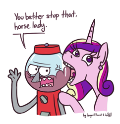Size: 655x676 | Tagged: safe, artist:dsp2003, artist:jargon scott, character:princess cadance, species:alicorn, species:pony, benson, collaboration, comic, cross-popping veins, crossover, female, gumball machine, licking, male, mlem, regular show, silly, single panel, this will end in tears, tongue out