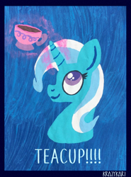 Size: 946x1280 | Tagged: safe, artist:krazykari, character:trixie, species:pony, species:unicorn, bust, female, glowing horn, magic, solo, teacup, telekinesis, that pony sure does love teacups