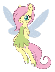 Size: 1119x1455 | Tagged: safe, artist:dusthiel, character:fluttershy, newbie artist training grounds, atg 2018, blushing, clothing, cute, ear fluff, fairy, fairy wings, female, gossamer wings, hair bun, hair over one eye, hair tie, looking at you, one eye closed, semi-anthro, shoes, shyabetes, simple background, smiling, solo, species swap, tinkerbell, transparent background, wings, wink