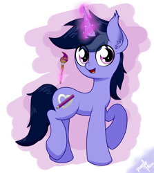 Size: 3161x3550 | Tagged: safe, artist:kimjoman, oc, oc only, oc:purple flix, species:pony, species:unicorn, ear fluff, looking at you, male, paint, paintbrush, raised hoof, smiling, solo, standing