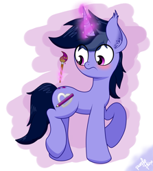 Size: 3161x3550 | Tagged: safe, artist:kimjoman, oc, oc only, oc:purple flix, species:pony, species:unicorn, blushing, cute, dilated pupils, ear fluff, looking down, male, oops, paint, paint splatter, paintbrush, raised hoof, solo, standing