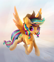 Size: 1686x1907 | Tagged: safe, alternate version, artist:xbi, oc, oc:rainbowjack, species:pegasus, species:pony, flying, implied appledash, implied lesbian, implied magical lesbian spawn, implied shipping, lineless, looking at you, rainbow colored mane, smiling, solo, spread wings, tabun art-battle finished after, wings