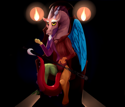 Size: 3500x3000 | Tagged: safe, artist:chapaevv, character:discord, species:draconequus, clothing, crossover, male, scepter, sheogorath, sitting, solo, the elder scrolls, throne