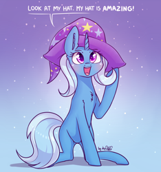 Size: 2282x2433 | Tagged: safe, artist:dsp2003, character:trixie, species:pony, species:unicorn, 30 minute art challenge, blushing, clothing, cute, dialogue, diatrixes, ear fluff, female, gradient background, hat, horn, look at my horse, mare, mr weebl, open mouth, signature, smiling, solo, song reference, speech bubble, stars, trixie's hat
