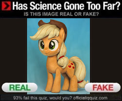 Size: 432x360 | Tagged: safe, artist:assasinmonkey, character:applejack, species:earth pony, species:pony, female, has science gone too far?, mare, meme, misleading thumbnail, not a plush, photorealistic, plushie, real or fake, solo