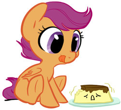 Size: 426x386 | Tagged: safe, artist:elslowmo, artist:php27, character:scootaloo, species:pegasus, species:pony, cute, cutealoo, female, filly, flan, food, plate, simple background, sitting, smiling, solo, tongue out, white background