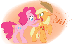 Size: 1022x624 | Tagged: safe, artist:elslowmo, artist:php27, character:applejack, character:pinkie pie, species:earth pony, species:pony, ship:applepie, angry, balloonbutt, butt, butt touch, drumming, duo, duo female, female, gradient background, hoof on butt, lip bite, looking back, mare, plot, shipping, spanking, yelling