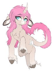 Size: 3120x4160 | Tagged: safe, artist:meggchan, artist:sunshine, edit, oc, oc only, oc:tarot, species:classical unicorn, species:pony, species:unicorn, chest fluff, cloven hooves, curved horn, digital art, ear piercing, female, floppy ears, fluffy, freckles, leonine tail, long mane, long tail, looking at you, mare, palomino, piercing, pink mane, simple background, solo, transparent background, unshorn fetlocks