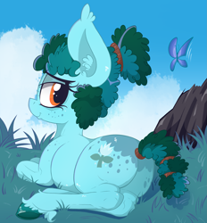 Size: 2139x2301 | Tagged: safe, artist:dragonpone, artist:paskanaakka, derpibooru original, oc, oc only, oc:gleamblossom, species:earth pony, species:pony, bags under eyes, butt freckles, butterfly, cloud, collaboration, colored, colored hooves, colored sketch, ear fluff, female, freckles, grass, lidded eyes, looking back, mare, plot, prone, shoulder freckles, smiling, solo, tail wrap, unshorn fetlocks