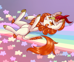 Size: 2400x2000 | Tagged: safe, artist:dsp2003, character:autumn blaze, species:kirin, species:pony, episode:sounds of silence, g4, my little pony: friendship is magic, awwtumn blaze, belly button, blep, blushing, cloven hooves, cute, dsp2003 is trying to murder us, female, flower, hnnng, looking at you, lying on a rainbow, mare, rainbow, signature, silly, tongue out