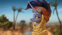 Size: 1440x810 | Tagged: safe, artist:assasinmonkey, character:hoo'far, species:pony, species:unicorn, episode:on the road to friendship, blurred background, bust, clothing, desert, looking at you, male, portrait, saddle arabian, scenery, solo, stallion