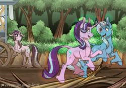 Size: 1024x711 | Tagged: safe, artist:inuhoshi-to-darkpen, character:starlight glimmer, character:trixie, species:classical unicorn, species:pony, species:unicorn, episode:on the road to friendship, clone, dirty, duo, female, hoo'far's wagon, leonine tail, mare, patreon, patreon logo, sad, transparent, unshorn fetlocks, wagon