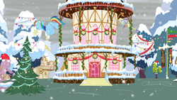 Size: 1600x900 | Tagged: safe, artist:evil-dec0y, character:derpy hooves, character:rainbow dash, species:pegasus, species:pony, christmas, christmas lights, duo, duo female, female, mare, mouth hold, ponyville, ponyville town hall, scenery, snow, snowfall, tied up, town hall