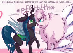 Size: 2304x1680 | Tagged: safe, artist:dsp2003, character:queen chrysalis, oc, oc:fluffle puff, species:changeling, species:pony, :p, angry, blep, blushing, canon x oc, changeling queen, chrysipuff, comic, crying, cute, cutealis, female, flufflebetes, fun cave, hnnng, lesbian, mare, narration, nose to nose, onomatopoeia, pillow, pillow fort, shipping, signature, silly, single panel, text, tongue out