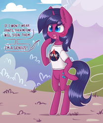Size: 2904x3472 | Tagged: safe, artist:dsp2003, oc, oc only, oc:fizzy pop, species:pony, species:unicorn, bipedal, blushing, clothing, cloud, comic, commission, cute, female, genius, mare, open mouth, semi-anthro, shirt, signature, single panel, t-shirt