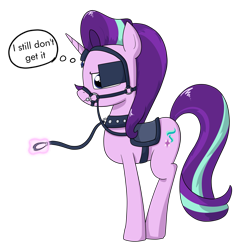 Size: 2509x2545 | Tagged: safe, artist:moonatik, character:starlight glimmer, bit, blinders, bridle, collar, female, implied trixie, leash, magic, reins, saddle, simple background, solo, tack, telekinesis, thought bubble, transparent background
