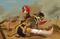 Size: 5100x3300 | Tagged: safe, artist:beardie, oc, oc only, species:pony, busterblade, commission, female, flower, magic, male, mare, rose, scythe, stallion, sword, vine, weapon