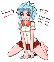Size: 2688x3080 | Tagged: safe, artist:artemis-polara, character:cozy glow, my little pony:equestria girls, barefoot, bow, clothing, cozybetes, creepy, cute, dialogue, equestria girls-ified, feet, female, freckles, hair bow, knife, legs, looking at you, miniskirt, pleated skirt, simple background, skirt, smiling, solo, text, transparent background, wanna be friends?, yandere, yandereglow