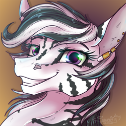 Size: 800x800 | Tagged: safe, artist:sunny way, rcf community, oc, oc only, oc:bakari, species:zebra, bust, commission, ear piercing, earring, gradient background, happy, jewelry, looking at you, piercing, portrait, smiling, solo, stripes, teeth, zebra oc
