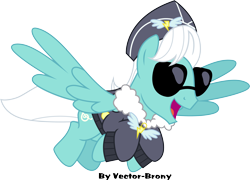 Size: 4080x2934 | Tagged: safe, artist:vector-brony, species:pegasus, species:pony, episode:testing testing 1-2-3, g4, my little pony: friendship is magic, ancient wonderbolts uniform, background pony, clothing, commander easy glider, fleece jacket, flying, hat, high note, jacket, male, open mouth, signature, simple background, solo, stallion, sunglasses, transparent background, uniform, vector