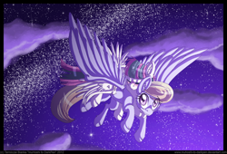 Size: 900x612 | Tagged: safe, artist:inuhoshi-to-darkpen, character:blossomforth, character:cloud kicker, fanfic:the life and times of a winning pony, ship:cloudforth, winningverse, ear fluff, female, flying, lesbian, night, ponies riding ponies, shipping, unshorn fetlocks
