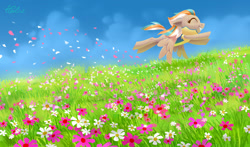 Size: 1280x754 | Tagged: safe, artist:holivi, oc, oc only, species:pegasus, species:pony, clothing, cloud, commission, digital art, eyes closed, female, floppy ears, flower, flower field, flying, grass, happy, mare, signature, sky, smiling, solo, spread wings, uniform, wings, wonderbolt trainee uniform
