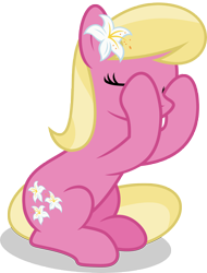 Size: 5000x6595 | Tagged: safe, artist:luckreza8, character:lily, character:lily valley, species:earth pony, species:pony, episode:the washouts, g4, my little pony: friendship is magic, .svg available, absurd resolution, background pony, eyes closed, female, flower, flower in hair, lily (flower), mare, simple background, sitting, solo, transparent background, vector