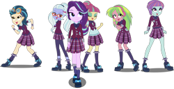 Size: 5904x3045 | Tagged: safe, artist:aqua-pony, artist:xebck, edit, character:indigo zap, character:lemon zest, character:sour sweet, character:starlight glimmer, character:sugarcoat, character:sunny flare, equestria girls:friendship games, g4, my little pony: equestria girls, my little pony:equestria girls, absurd resolution, alternate mane six, clothing, crystal prep academy, crystal prep academy uniform, crystal prep shadowbolts, cute, glasses, goggles, high heels, pleated skirt, school uniform, sextet, shadow, shadow five, shoes, simple background, skirt, smiling, socks, transparent background, vector, vector edit