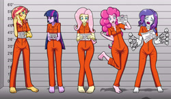 Size: 5656x3280 | Tagged: safe, artist:artemis-polara, character:fluttershy, character:pinkie pie, character:rarity, character:sunset shimmer, character:twilight sparkle, species:eqg human, g4, my little pony:equestria girls, barefoot, clothing, commission, crying, feet, flailing, fuck you, implied murder, line-up, marshmelodrama, middle finger, mugshot, nail polish, open mouth, prison, prison outfit, prisoner, sad, smiling, toes, vulgar