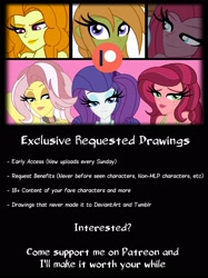 Size: 1928x2574 | Tagged: safe, artist:cbear624, character:adagio dazzle, character:gloriosa daisy, character:pinkamena diane pie, character:pinkie pie, character:rarity, character:vignette valencia, my little pony:equestria girls, advertisement, patreon, patreon logo, vignette valencia