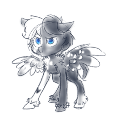 Size: 495x526 | Tagged: safe, artist:jitterbugjive, oc, oc:slate, species:pegasus, species:pony, annoyed, blue eyes, fluffy, pinto, solo, spread wings, two toned mane, two toned wings, wings